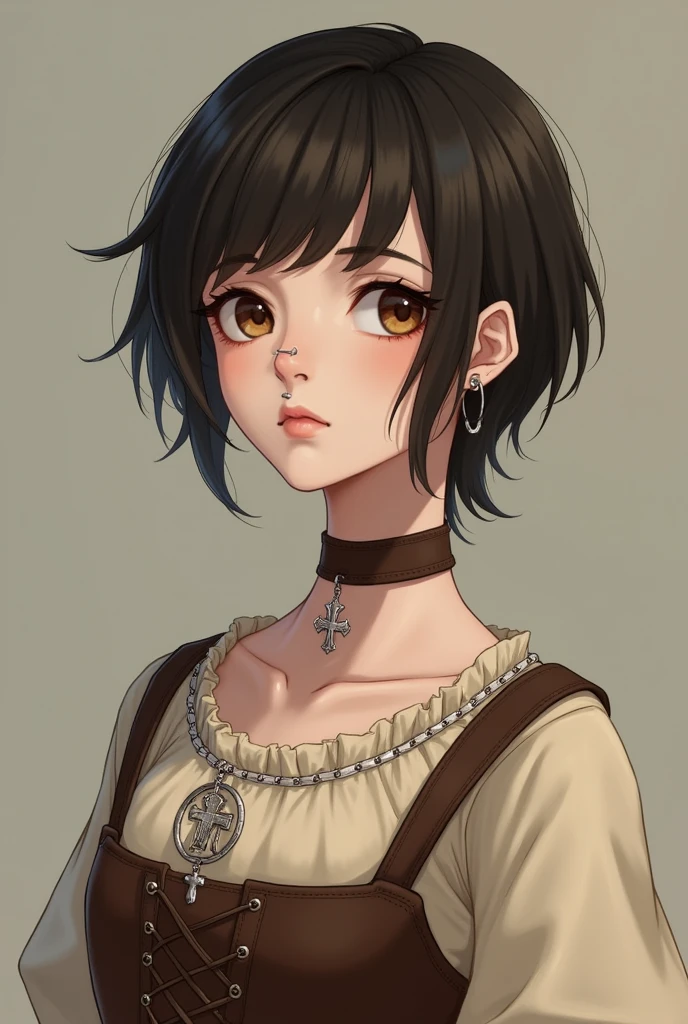 Create me as a character. I am a non-binary person. Tenho 1,60 tall. I have very short brown hair like a boy's. the hair is parted in the middle, bent back. My eyes are light brown, I have fair skin. I wear 2 piercings in my nose and 3 in my mouth and silver earrings in the shape of a cross.. I wear a very peasant beige dress with a brown corset