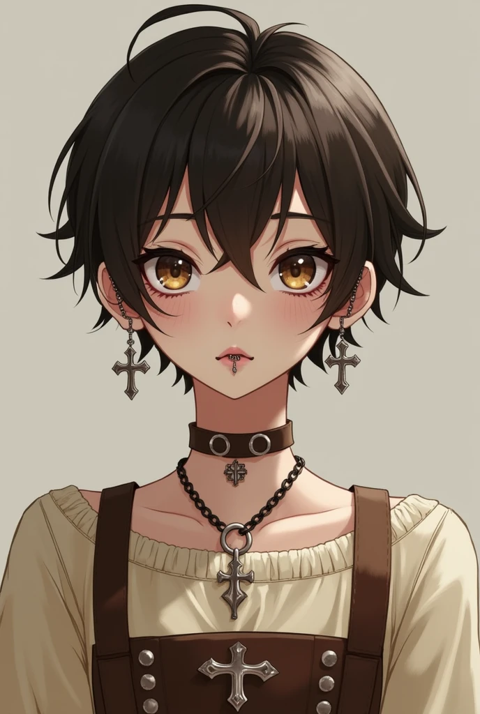 Create me as a character. I am a non-binary person. Tenho 1,60 tall. I have very short brown hair like a boy&#39;s. the hair is parted in the middle, bent back. My eyes are light brown, I have fair skin. I wear 2 piercings in my nose and 3 in my mouth and silver earrings in the shape of a cross.. I wear a very peasant beige dress with a brown corset