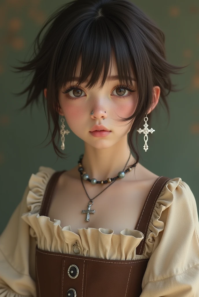 Create me as a character. I am a non-binary person. Tenho 1,60 tall. I have very short brown hair like a boy's. the hair is parted in the middle, bent back. My eyes are light brown, I have fair skin. I wear 2 piercings in my nose and 3 in my mouth and silver earrings in the shape of a cross.. I wear a very peasant beige dress with a brown corset