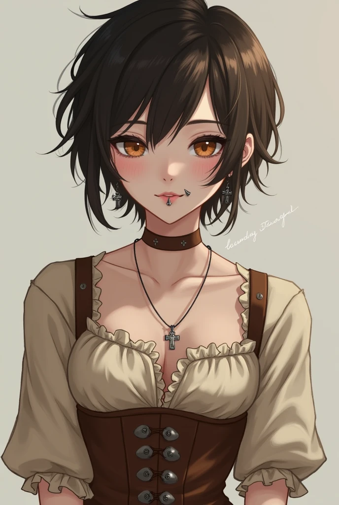 Create me as a character. I am a non-binary person. Tenho 1,60 tall. I have very short brown hair like a boy's. the hair is parted in the middle, bent back. My eyes are light brown, I have fair skin. I wear 2 piercings in my nose and 3 in my mouth and silver earrings in the shape of a cross.. I wear a very peasant beige dress with a brown corset