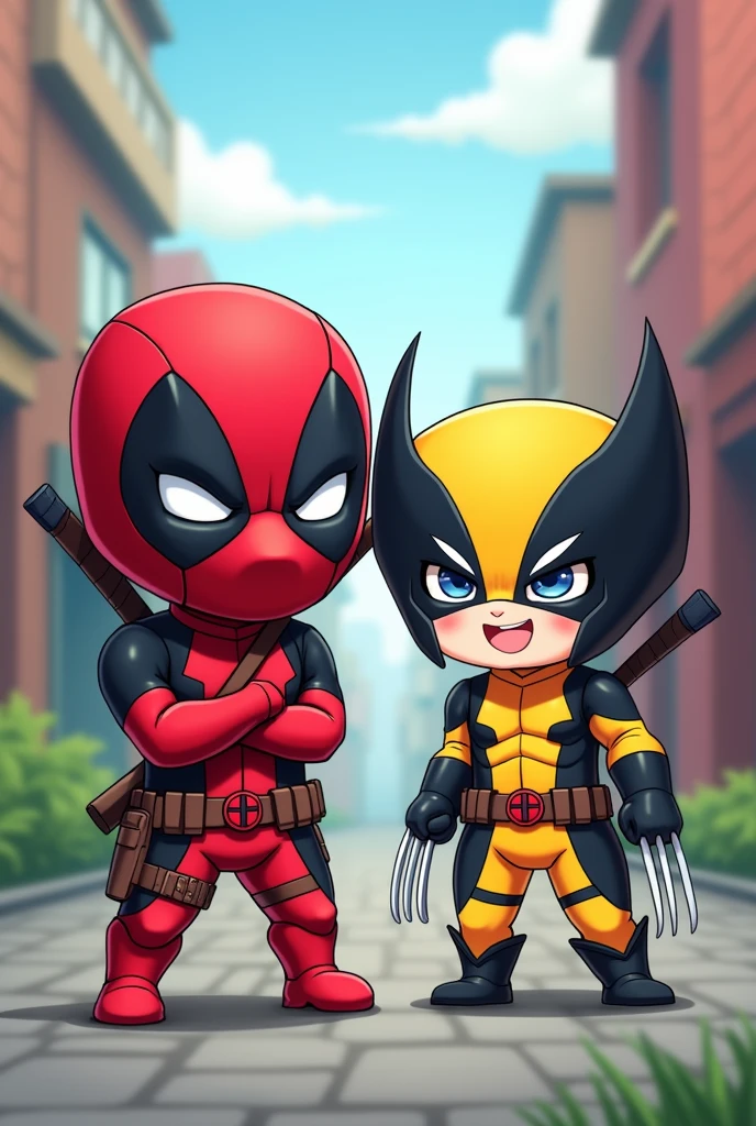 Chibi style kids dressed as Deadpool and Wolverine