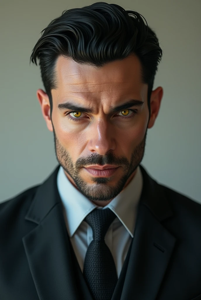 Make a 2 man, with a serious expression, dressed in a suit , Bblack hair, Caucasian skin, yellow-green eyes with goatee