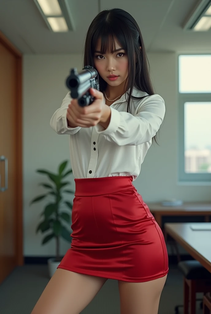 camera back view facing real person eyes open realistic beautiful japanese office lady white shirt tight mini skirt satin red stance legs open spreading arms straighten full portrait holding rifle gun back view facing sexy legs waist level aiming target point at you