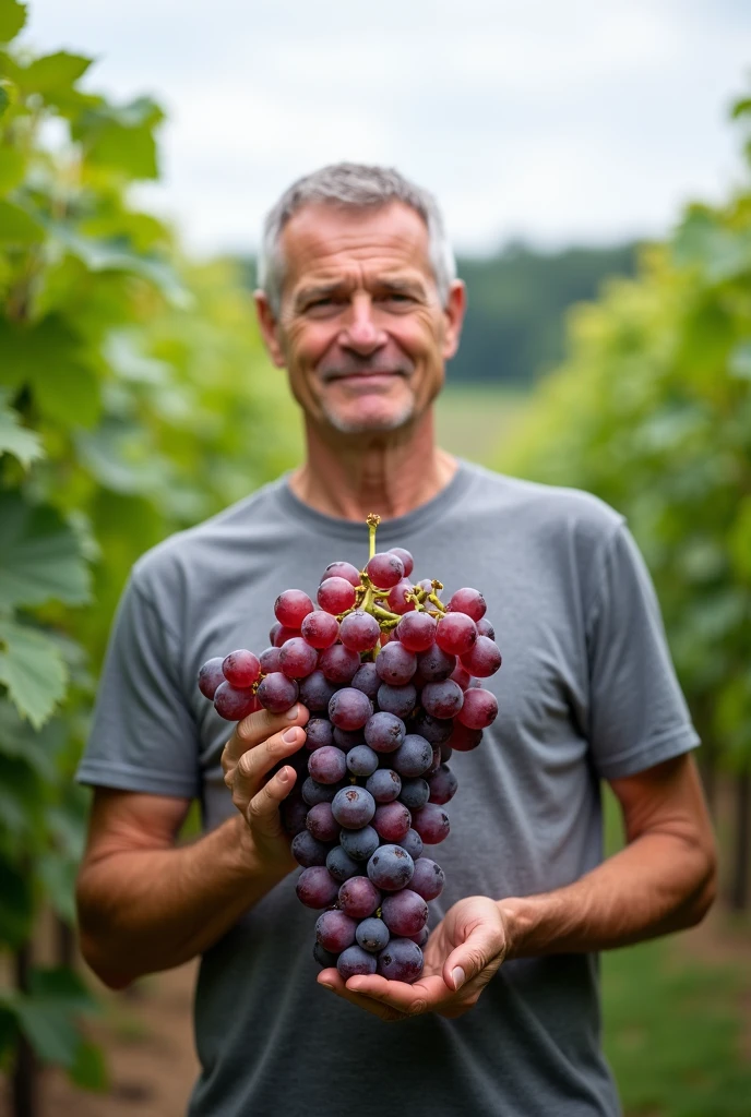 In a photo taken in a vineyard, a middle-aged Polish man stands in the center of the frame, holding a large vertical bunch of grapes. The bunch is very large, twice as large as the average one, and he holds the grapes under with one hand. The man wears a plain gray short-sleeved T-shirt and has a calm expression with a hint of a smile on his face. He raises his right hand to hold the grape stem, and his left hand hangs slightly down to hold the bottom of the bunch. The color of the grapes changes from deep red at the top to deep purple at the bottom, gradually transitioning to lighter tones as they go down. The bunch of grapes looks fresh, plump, and ripe, hanging vertically from the vine. The vineyard extends into the mid-ground, filled with rows of green vines and leaves, creating a natural outdoor environment. The background shows more vines and some trees under a clear, bright sky. The light is natural daylight, providing clear visibility, highlighting the freshness of the grapes and the details of the man's face and clothing. The image has a shallow depth of field, with the main focus on the subject and the grapes, and the background slightly blurred. The overall composition focuses attention on the vivid grapes and the man’s display, creating an authentic and serene atmosphere typical of documentary-style photography.