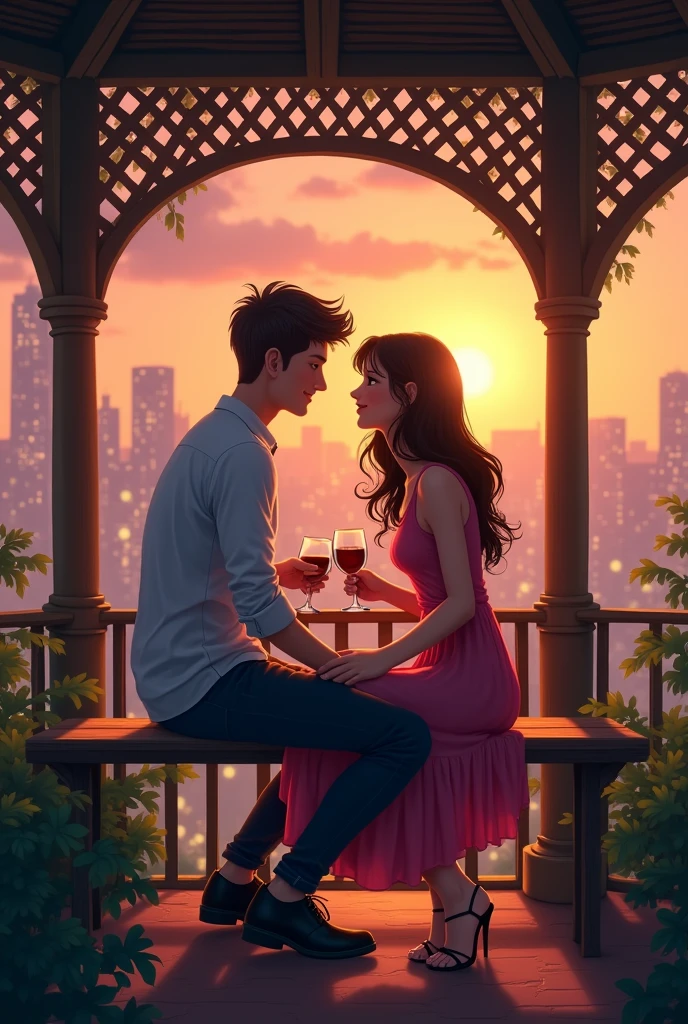 A Couple Enjoying the View: A couple sitting on a gazebo, looking at the city and sharing a special moment, symbolizing the love and peace that music conveys.