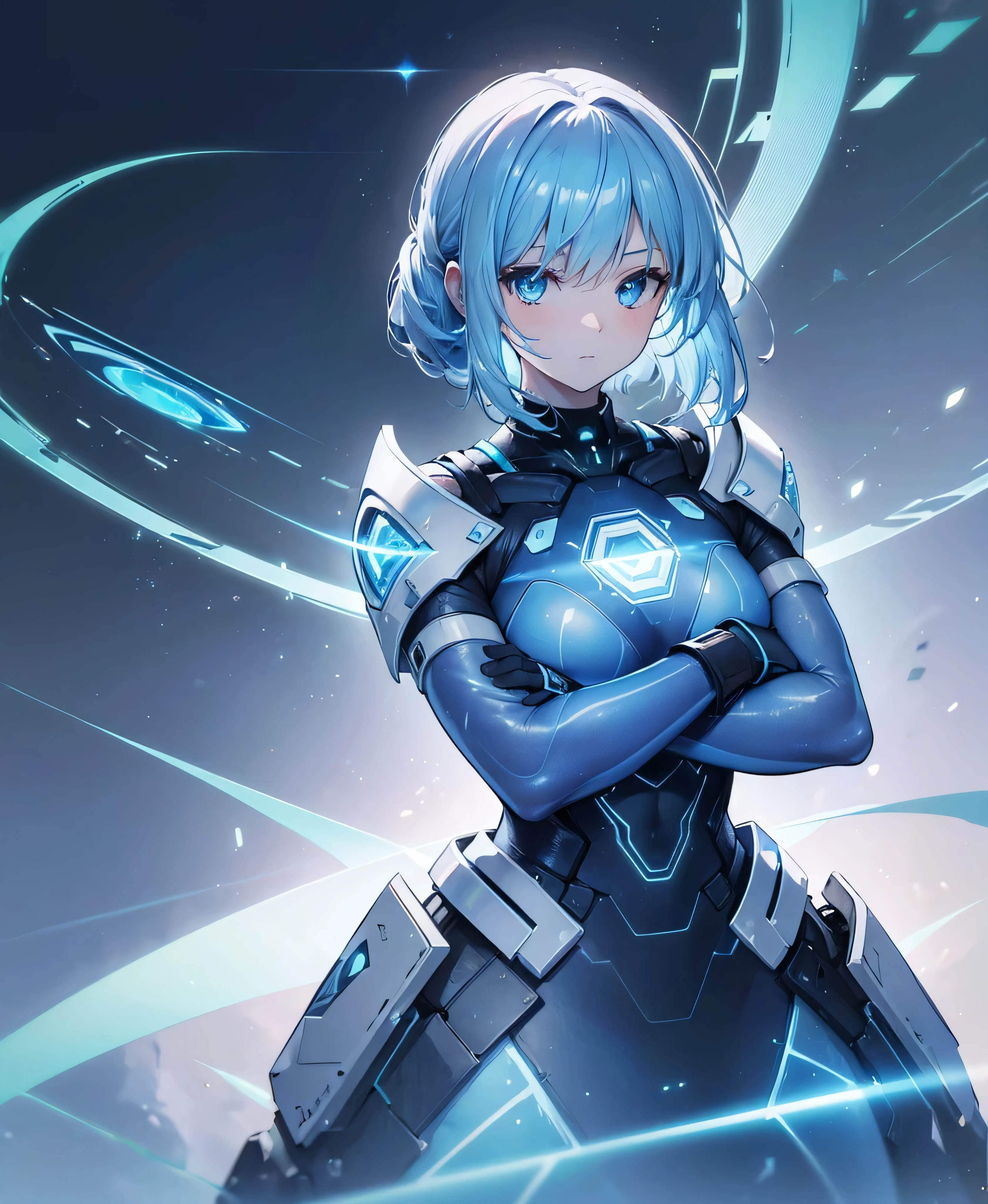 ((Holographic glow effect)),8k, Highest quality, (real:1.4), Original photo, 1 person, Asari Hair, Biological Amplifier, refined armor, posture: Peace talks between warring factions, smart blue eyes,whole body