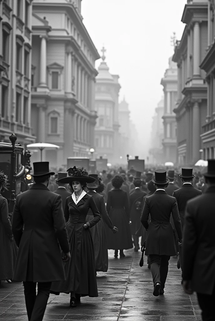 Create a bustling black-and-white street scene from the late 19th to early 20th century, depicting a crowded urban environment filled with people dressed in period attire. The scene should include men in dark suits, overcoats, and bowler hats, and women wearing long dresses, high-collared blouses, and elaborate hats with feathers and ribbons. The background should feature grand, ornate buildings with classical architecture, and the street should be busy with horse-drawn carriages, adding to the lively atmosphere. The crowd is engaged in various activities, with some people walking, others conversing, and a few observing the surroundings. The overall scene should capture the elegance and formality of a bygone era, with a sense of movement and life typical of a thriving city at the turn of the century.