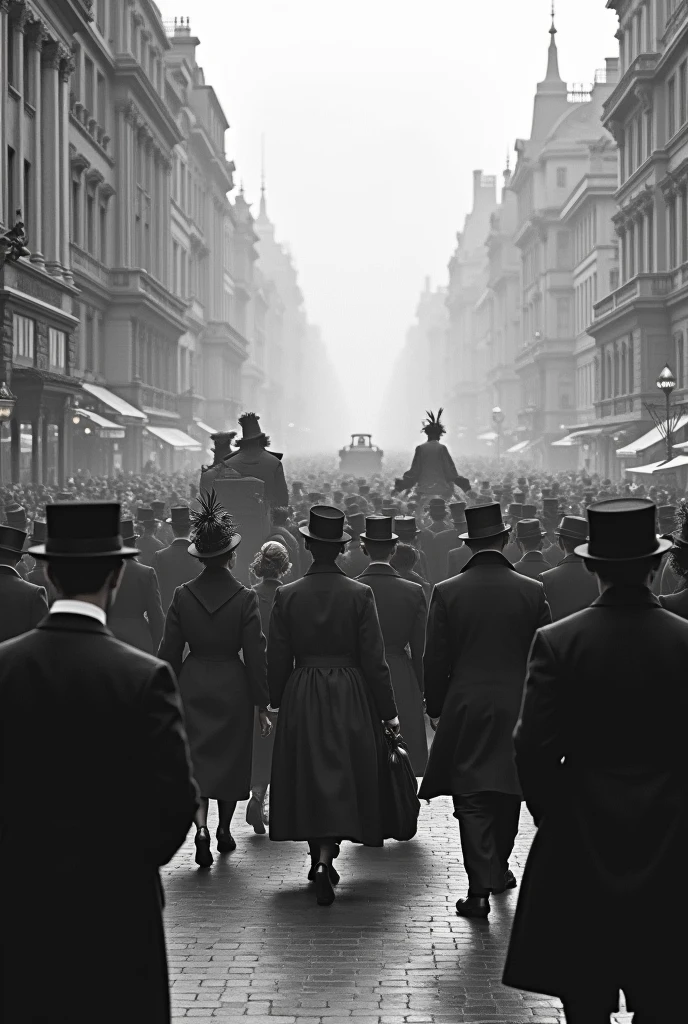 Create a bustling black-and-white street scene from the late 19th to early 20th century, depicting a crowded urban environment filled with people dressed in period attire. The scene should include men in dark suits, overcoats, and bowler hats, and women wearing long dresses, high-collared blouses, and elaborate hats with feathers and ribbons. The background should feature grand, ornate buildings with classical architecture, and the street should be busy with horse-drawn carriages, adding to the lively atmosphere. The crowd is engaged in various activities, with some people walking, others conversing, and a few observing the surroundings. The overall scene should capture the elegance and formality of a bygone era, with a sense of movement and life typical of a thriving city at the turn of the century.