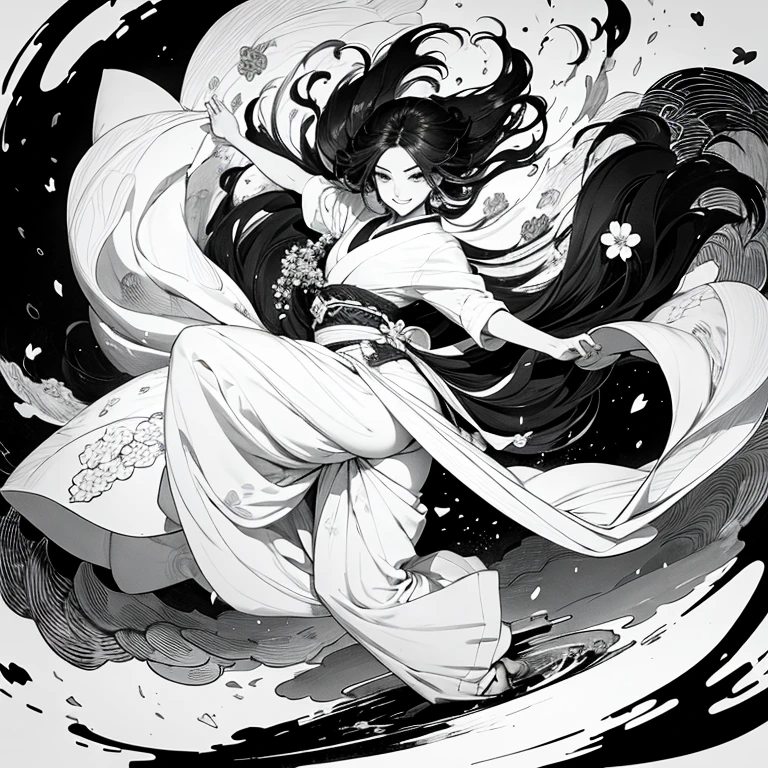 A work like a sumi-e painting, Painted with a Japanese brush, Dynamic painting, One Woman, Indian, Hair blowing in the wind, Very beautiful woman, Flower Storm, Mandala, Monochrome, Please only color the flowers, The human body structure is accurate, smile