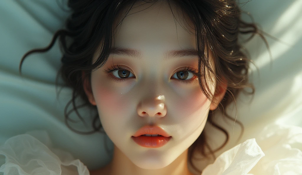 a beautiful young woman with expressive emotions, delicate facial features, long eyelashes, penetrating gaze, serene expression, flawless skin, wearing a flowing dress, ethereal lighting, muted color palette, dreamlike atmosphere, soft focus, high-quality digital painting, concept art, masterpiece, 8k, photorealistic