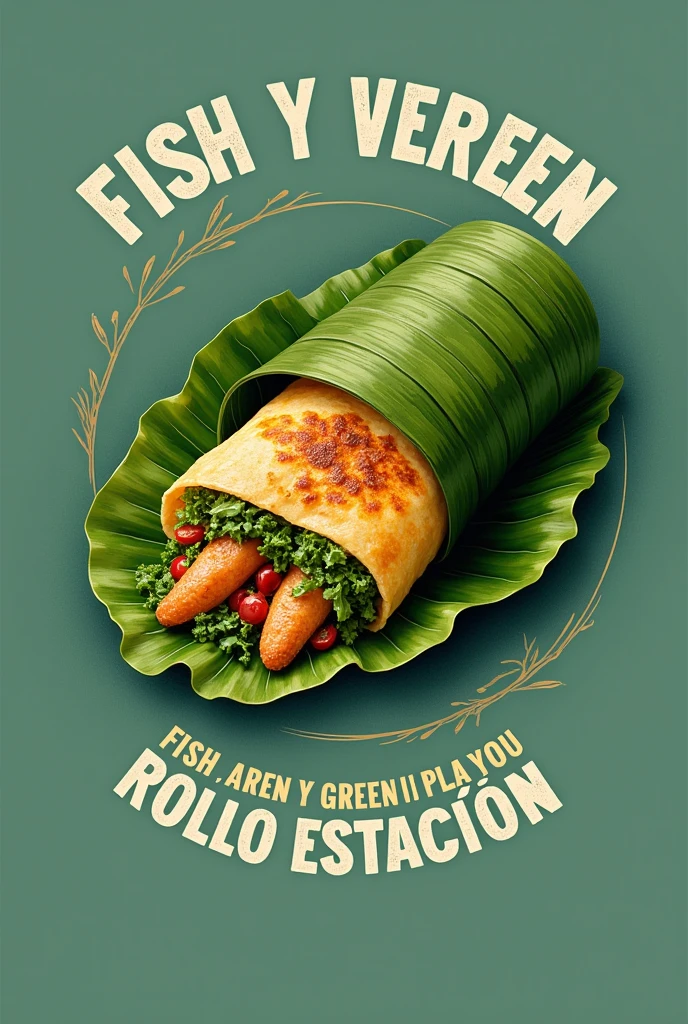 A logo that says Fish and Green Plantain Roll Station wrapped in an Ecuadorian banana leaf with a background image of a very practical marine color that looks delicious with all the letters in Spanish
