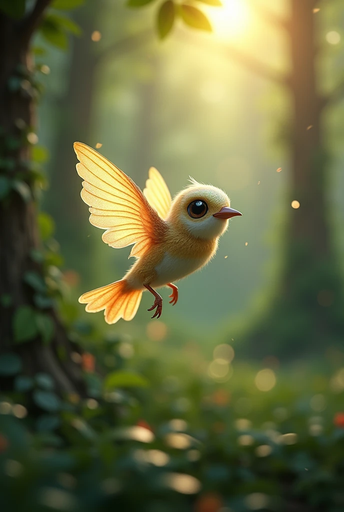 A tiny, shimmering bird with a magical song, who has lost her way home and is seeking assistance to return to her nest, flying