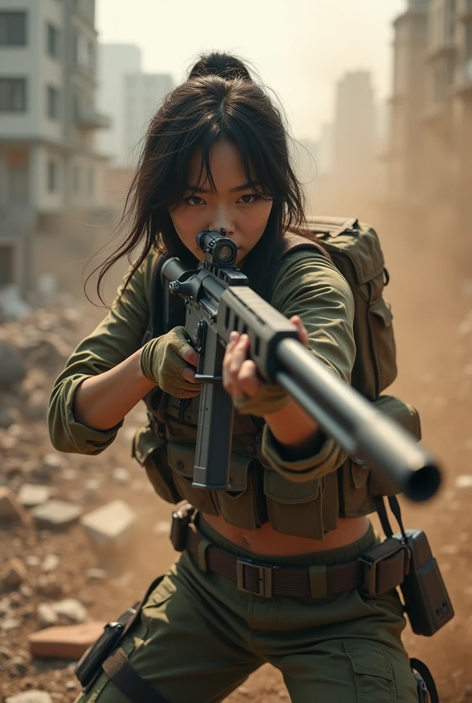photorealistic、Realistic skin textures、A beautiful Japanese woman belonging to the hong kong military is aiming with a M21 sniper rifle.、on a roof top、On the rubble、brown dust smoke、Action poses with movement、Image from front top