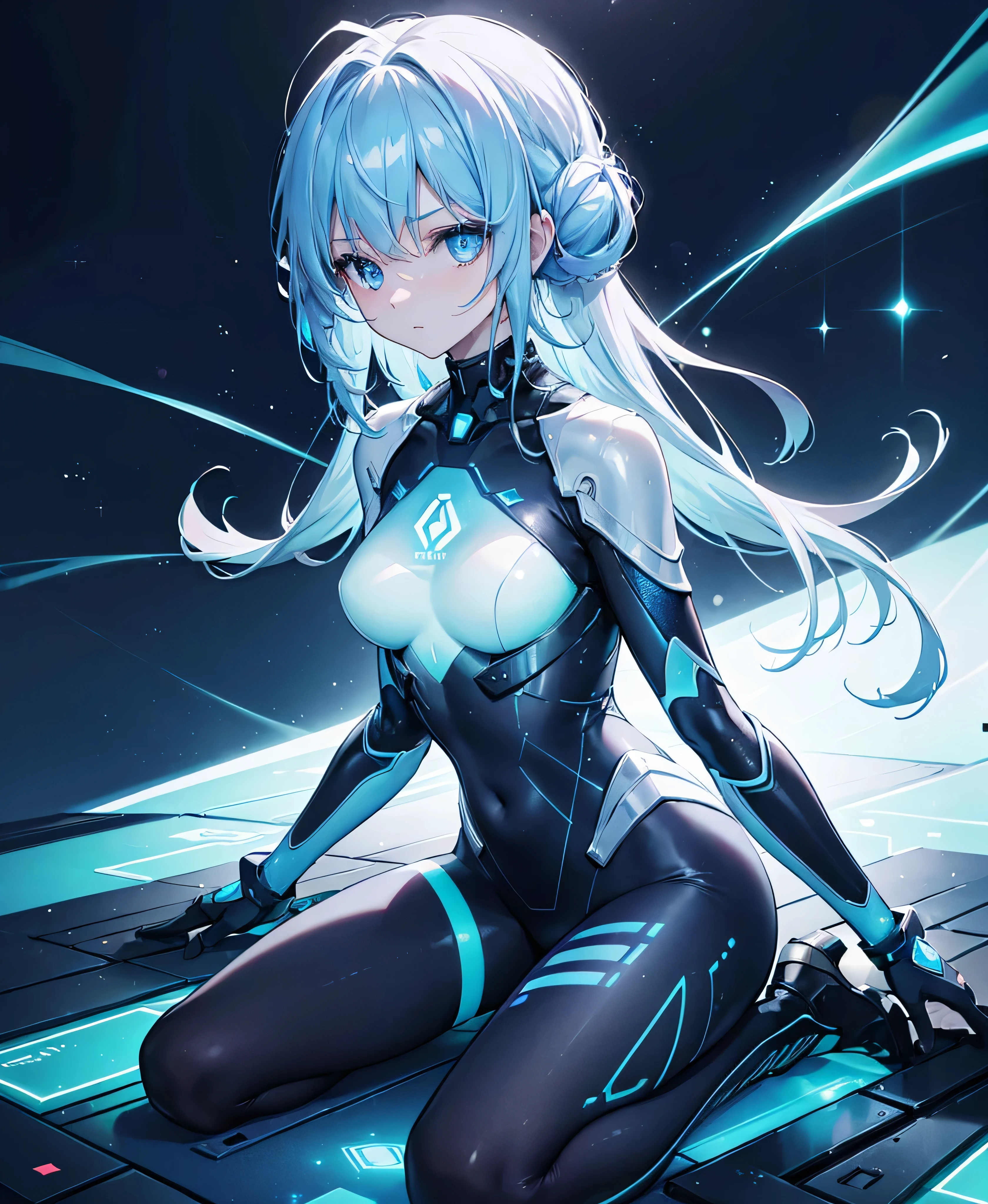 ((Holographic glow effect)),8k, Highest quality, (real:1.4), Original photo, 1 person, Asari Hair, Biological Amplifier, refined armor, posture: Peace talks between warring factions, smart blue eyes,whole body