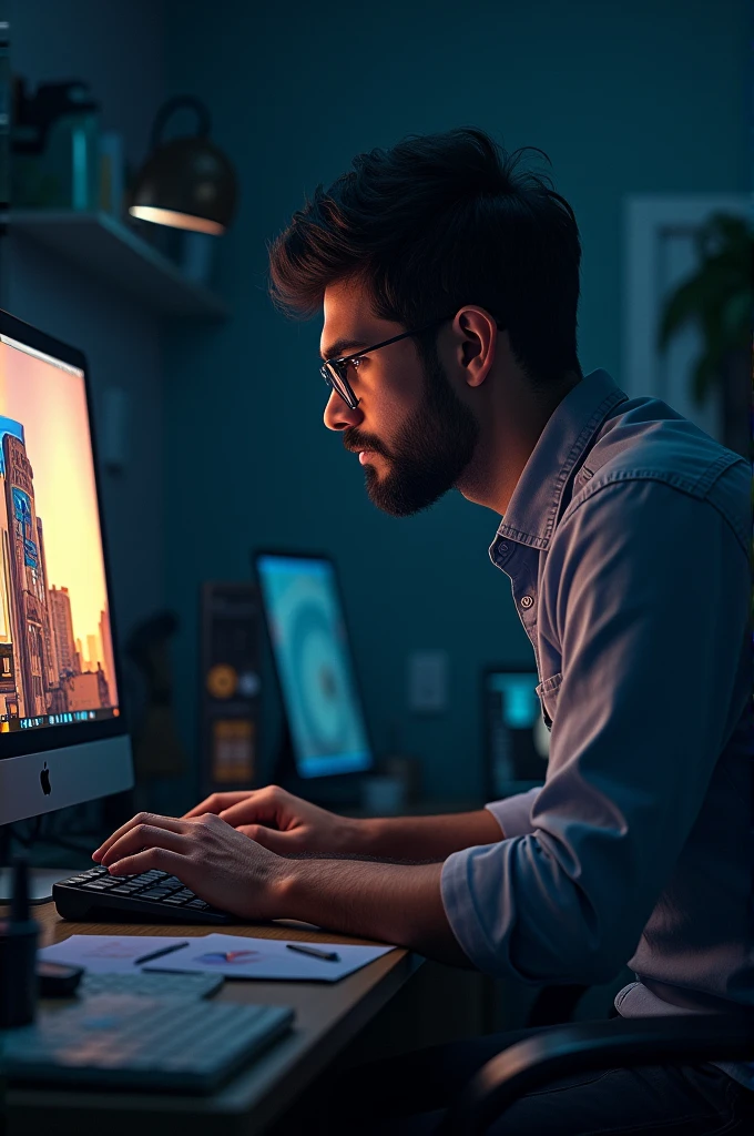 Apu dey is editing pictures on the computer at night