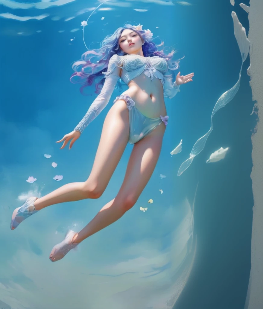 A girl underwater, beautiful detailed eyes, beautiful detailed lips, extremely detailed eyes and face, long eyelashes, underwater scene, underwater bubbles, floating hair, flowing dress, serene expression, detailed water surface, sunlight shimmering through water, (best quality,4k,8k,highres,masterpiece:1.2),ultra-detailed,(realistic,photorealistic,photo-realistic:1.37),fantasy,surreal,cinematic lighting,moody colors,dramatic lighting