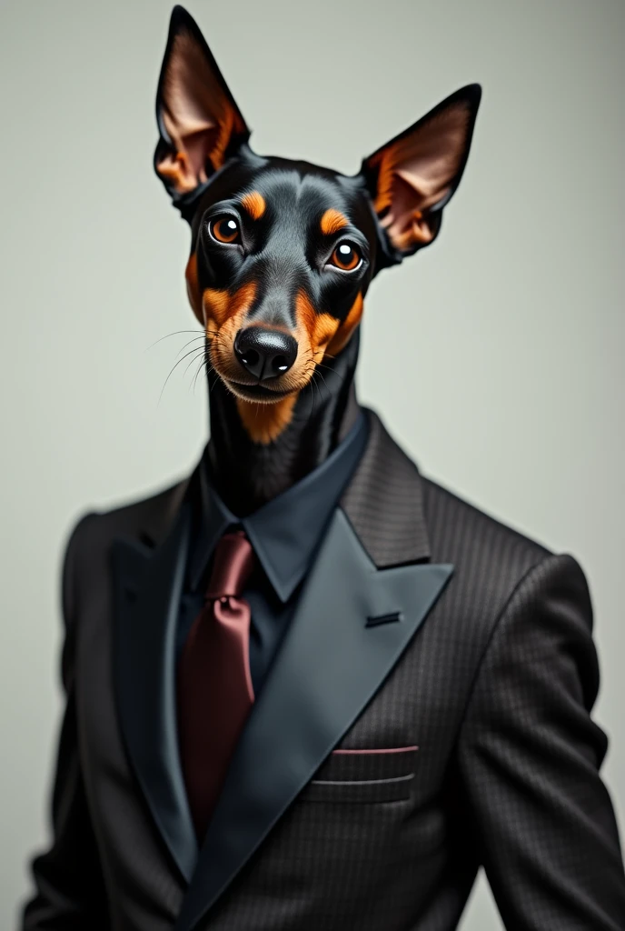 Pinscher dog in designer suit with sexy smile showing tooth with mouth closed, showing a little more of the canine tooth