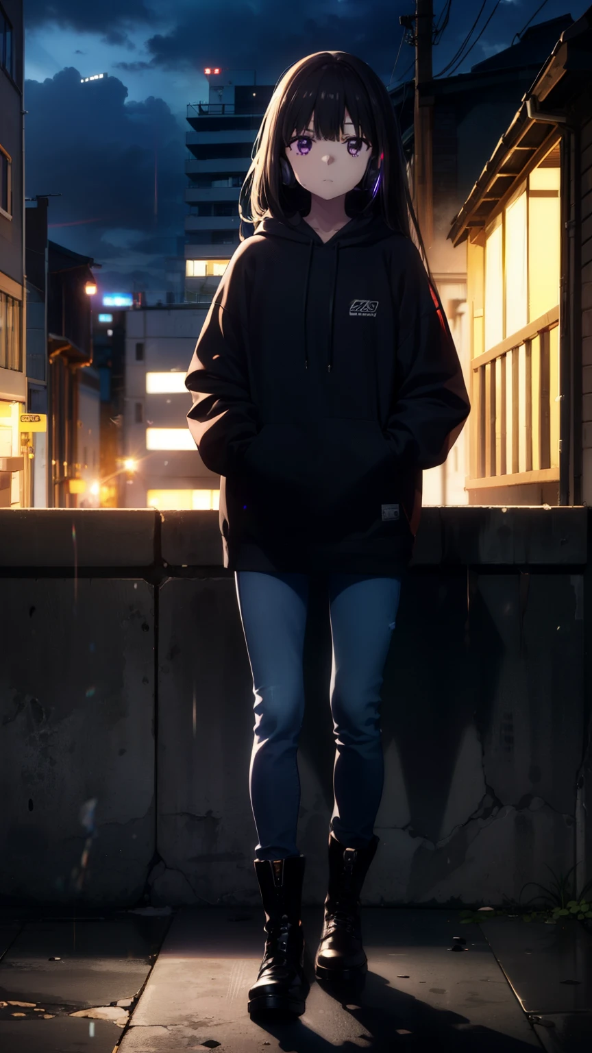 Takiuchikami, Check it out, Long Hair, bangs, Black Hair, (Purple eyes:1.2),Oversized blue hoodie,Wired headphones,jeans,short boots,Standing leaning against a wall,,Hiding in a roofed building,whole bodyがイラストに入るように,rain,cloudy,night,
break outdoors, Building district,
break looking at viewer, whole body,
break (masterpiece:1.2), Highest quality, High resolution, unity 8k wallpaper, (figure:0.8), (Beautiful attention to detail:1.6), Highly detailed face, Perfect lighting, Highly detailed CG, (Perfect hands, Perfect Anatomy), 8k