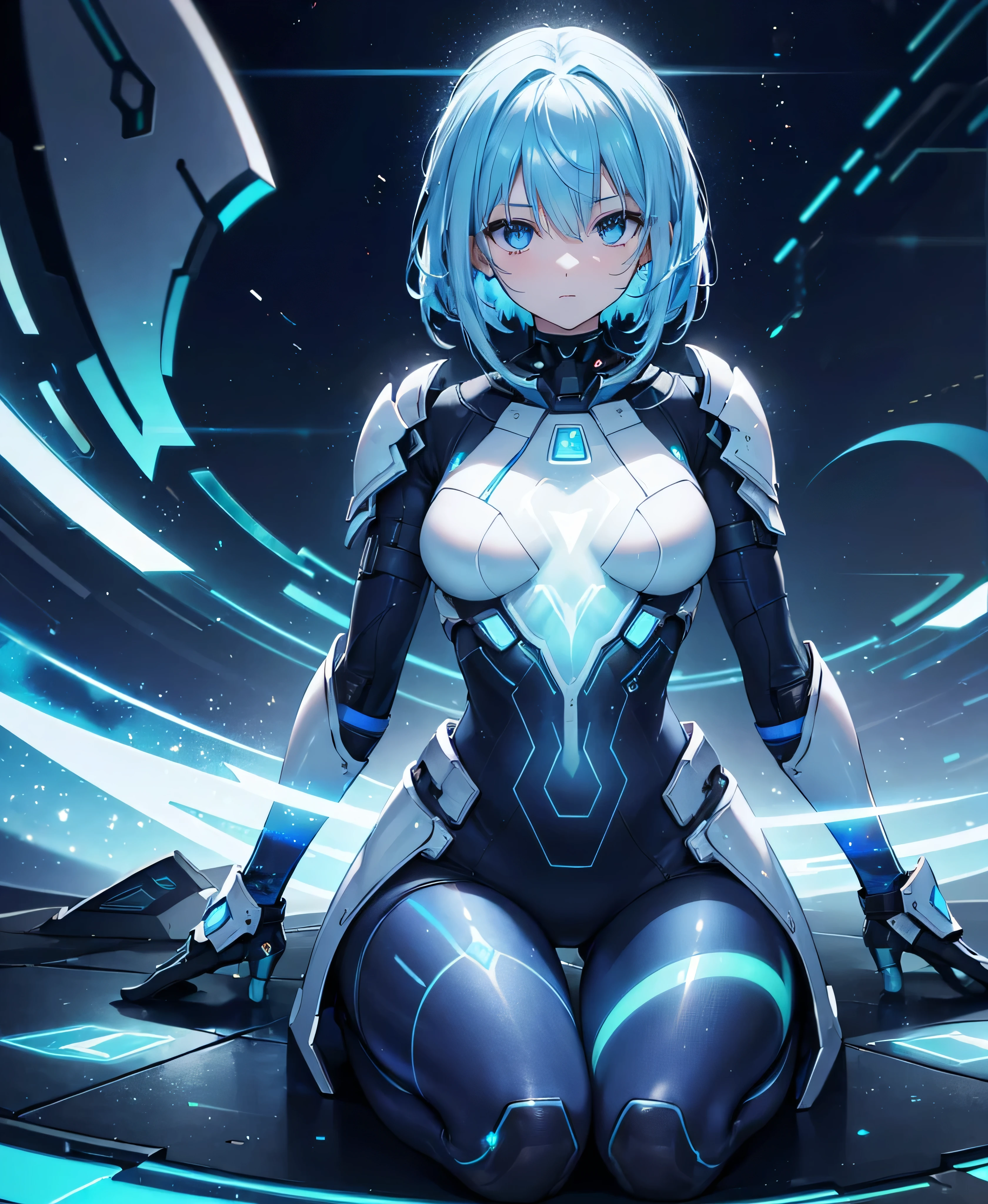 ((Holographic glow effect)),8k, Highest quality, (real:1.4), Original photo, 1 person, Asari Hair, Biological Amplifier, refined armor, posture: Peace talks between warring factions, smart blue eyes,whole body