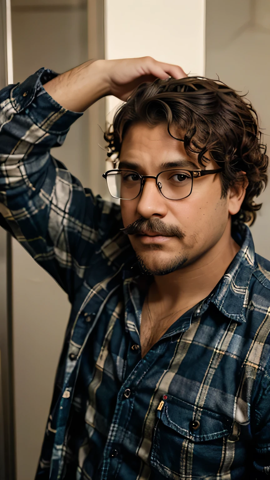 A boy with light brown skin, large square glasses, short, disheveled curly hair, a small beard and mustache, a closed plaid shirt, black denim pants, an intellectual appearance. Fat.