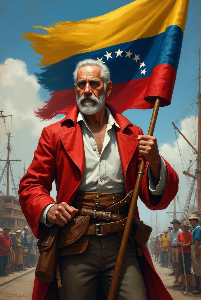 Create an image of Francisco de Miranda (white male in his 50s, gray-haired without a beard ) Carrying the flag of Venezuela, that the background is from a seaport 