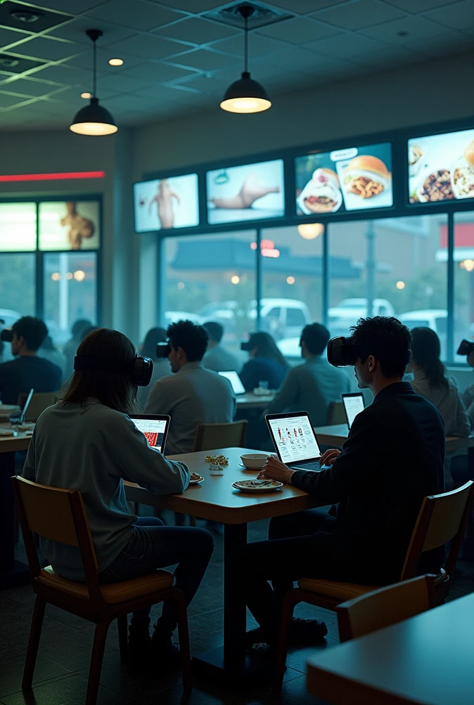 Concept: A congregation of people seated in a fast-food restaurant, each person with a headset on, connected to their own screen showing images of fast food, pornography, and shopping sites. They’re all oblivious to each other, immersed in their individual experiences of consumerism and pleasure.