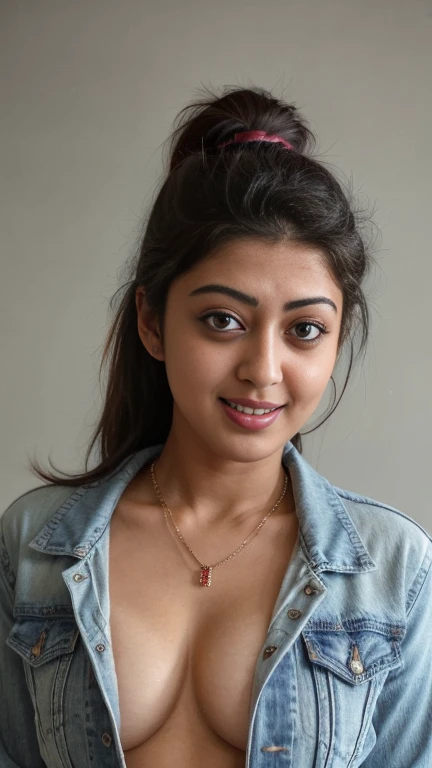extreme close body photo of pranitha, seductive eyes, look at viewer and subtle smile, red glossy lips, seducing on bed, necklace, denim jacket, braless, sultry, ponytail, (cinematic:1.3), intricate details, (ArtStation:1.2)