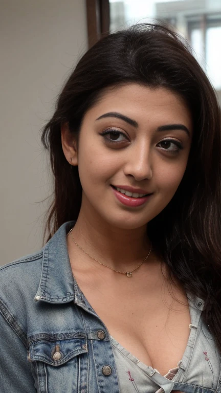 extreme close body photo of pranitha, seductive eyes, look at viewer and subtle smile, red glossy lips, seducing on bed, necklace, denim jacket, braless, sultry, ponytail, (cinematic:1.3), intricate details, (ArtStation:1.2)
