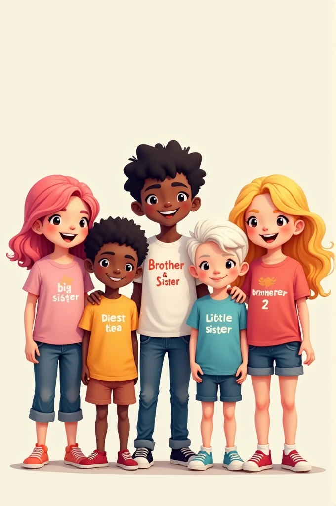 5 children next to each other, the first pink hair wears a tshirt Big sister, the second black hair wears a tshirt Brother 1, the third white hair wears a tshirt Brother 2, the fourth blonde hair wears a tshirt Brother 3, the last blonde hair wears a tshirt little sister
