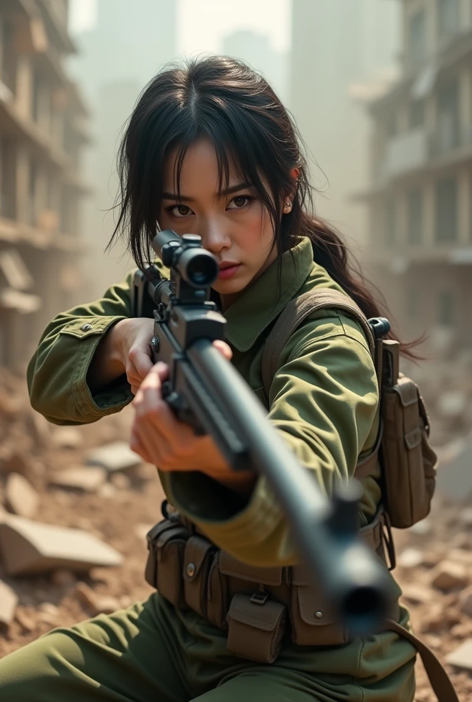 photorealistic、Realistic skin textures、A beautiful Japanese woman belonging to the hong kong military is aiming with a M21 sniper rifle.、on  a high ground、On the rubble、brown dust smoke、Action poses with movement、Image from front top