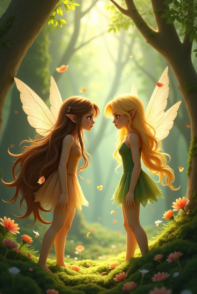 A fairy with a brown long hair get angry to a fairy with a long blonde hair 