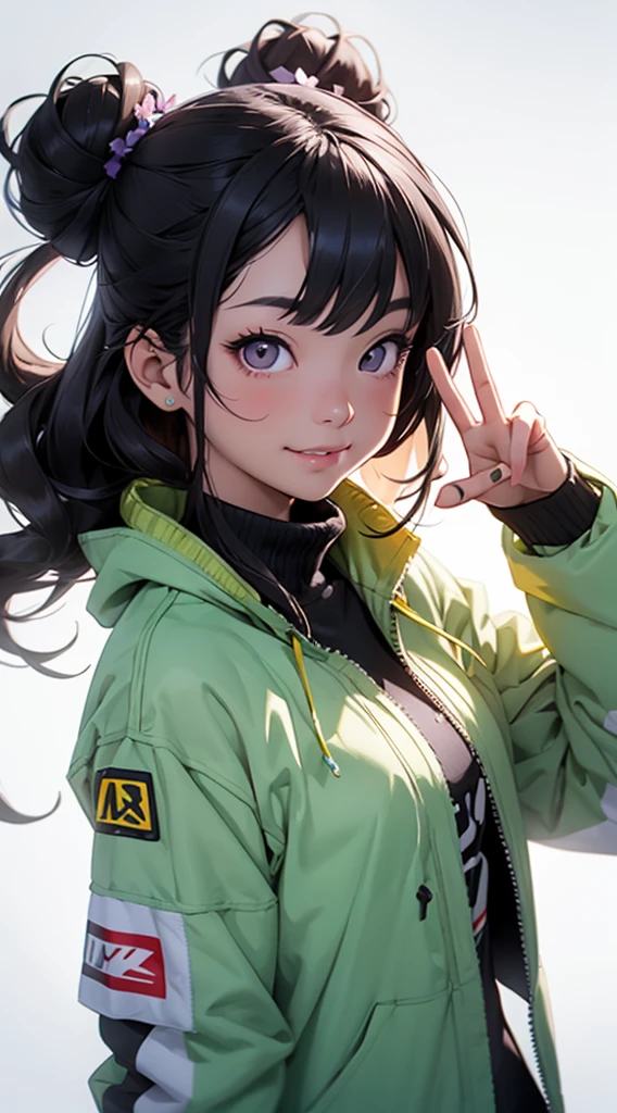 Create an illustration of a cheerful Korean teenage girl making a double peace sign with both hands. She has long, wavy, dark hair tied into two small buns with flower accessories. Her expression is lively and happy, with beautiful, bright, upturned (Asian) eyes and a wide smile. She is wearing an oversized purple jacket and a black turtleneck. The background is simple and light to emphasize her fun and energetic pose. Alta resolução, Obra-prima, Anatomicamente correto, Melhor qualidade, Detalhe, Modelo HD, Alta qualidade, Qualidade, Super detalhe, Ultra HD, Rubor, Leve sorriso, Renderização 3D, Cinematográfico, Cinematografia, Hiperdetalhado, Fotorealismo, Realismo,