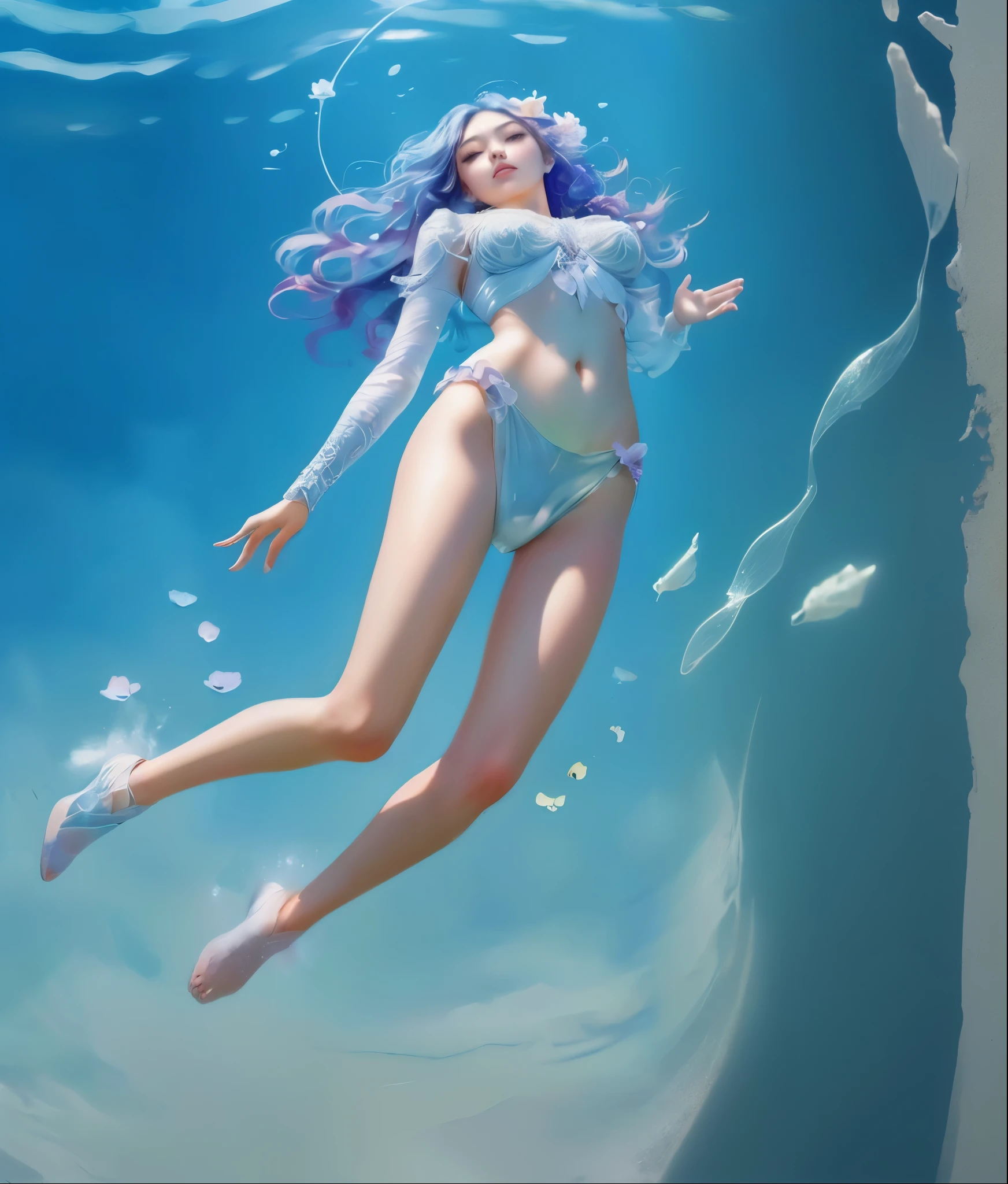 A girl underwater, beautiful detailed eyes, beautiful detailed lips, extremely detailed eyes and face, long eyelashes, underwater scene, underwater bubbles, floating hair, flowing dress, serene expression, detailed water surface, sunlight shimmering through water, (best quality,4k,8k,highres,masterpiece:1.2),ultra-detailed,(realistic,photorealistic,photo-realistic:1.37),fantasy,surreal,cinematic lighting,moody colors,dramatic lighting
