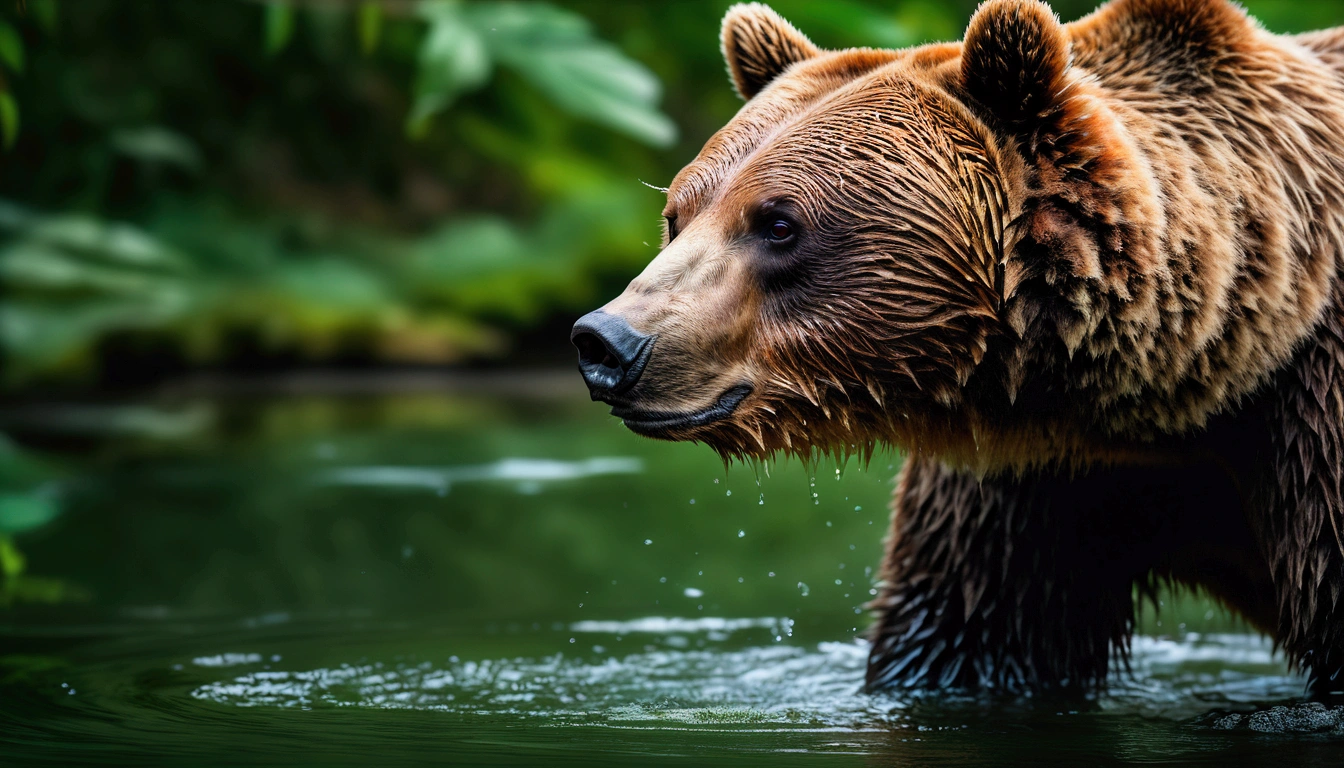 bear captured in a lush green jungle, the bear is in the middle of the photo, lively gaze, with a reflection of water. head down and looking straight ahead, The bear's fur is a bright orange and black, with a lively gaze and striking green eyes. The image is sharp and detailed, with a cinematic quality. The background is blurred, creating a sense of depth and focus on the bear, breathtaking images, high definition. (ultra realistic) extreme details, (best quality, 4k, 8k, high resolution, masterpiece: 1.5)