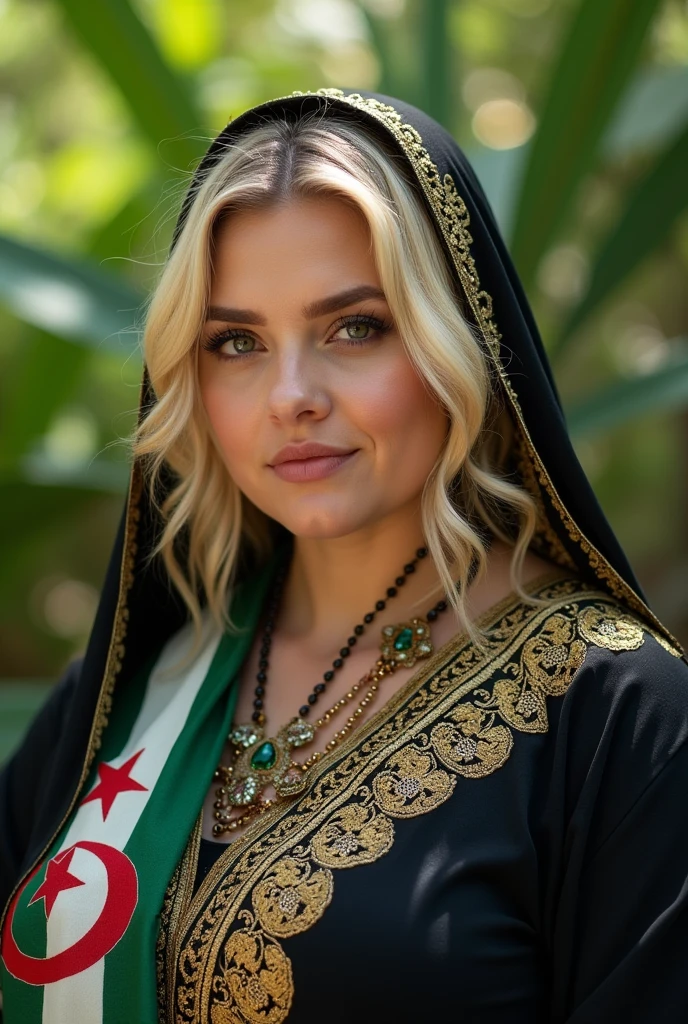 Close up, woman, plump, blonde, wearing, black Algerian caftan, decorated with gold threads, with scarf, painted on it the Algerian flag in white and green, perfect clarity of the entire image, sharpness of the face and eyes, intricate details 64k 32k HDset green nature background