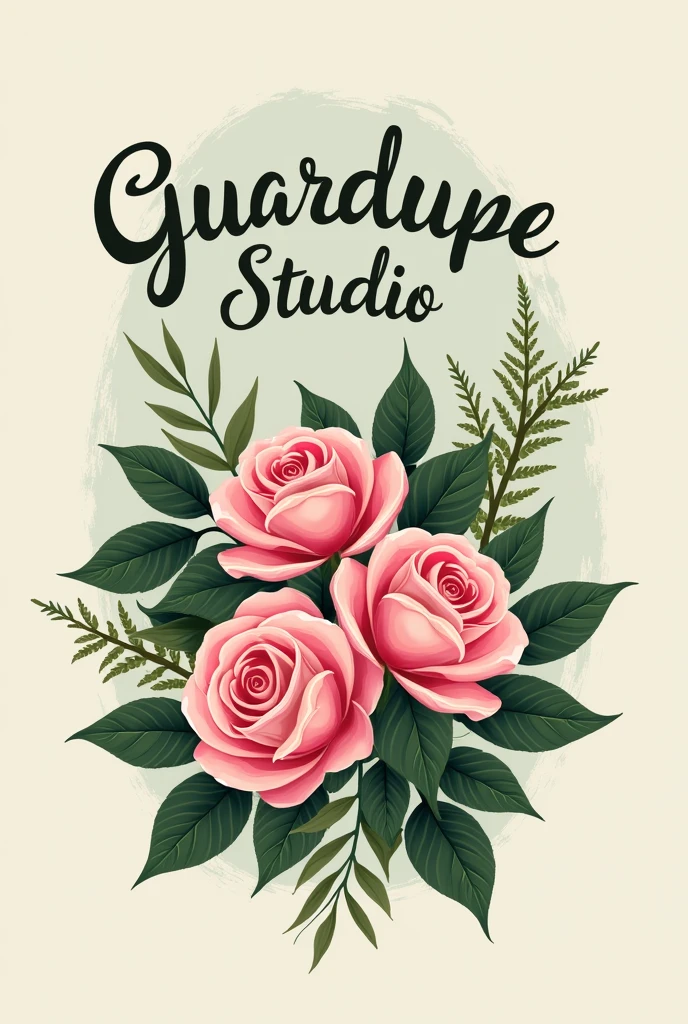 Create a logo for my studio, it will be a custom rosary workshop, he will be called: Guardalupe Studio. The name is inspired by Our Lady of Guardalupe, I would like a logo with roses in pink and green colors