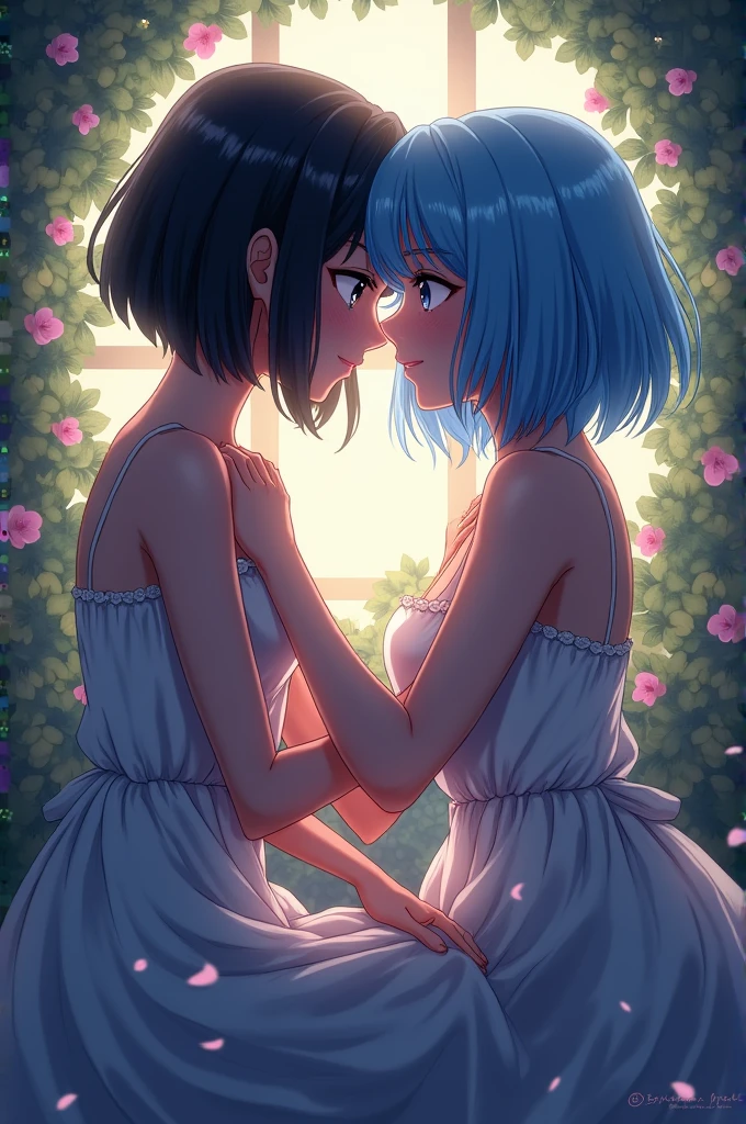 a drawing/anime of a lesbian couple where one has short black hair and black eyes and the other has medium blue hair and blue eyes 