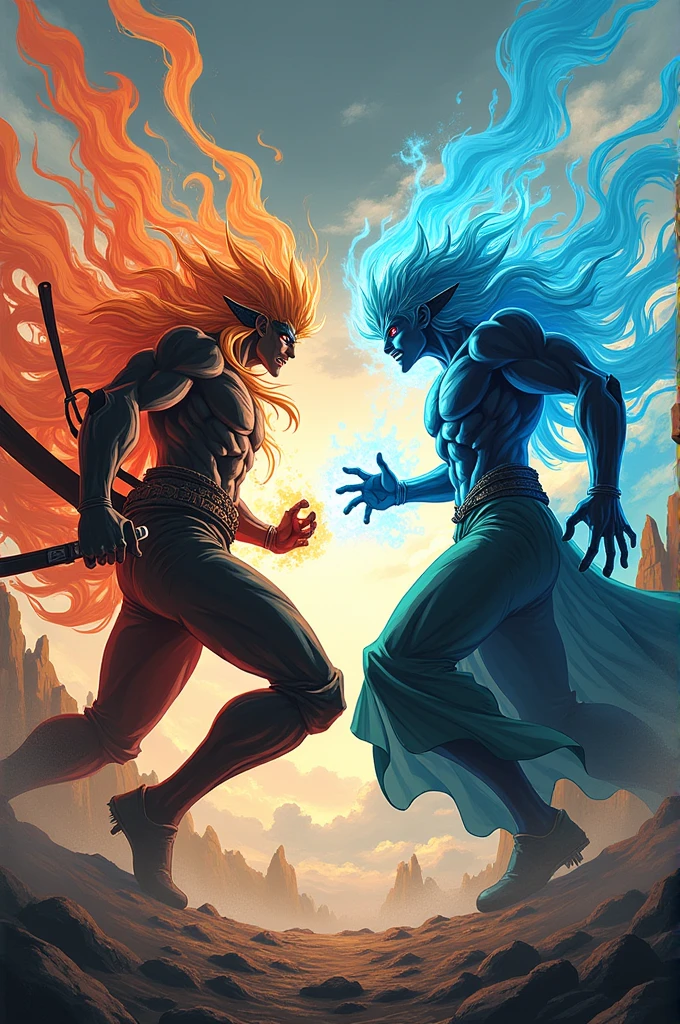 make two anime characters full of power facing each other