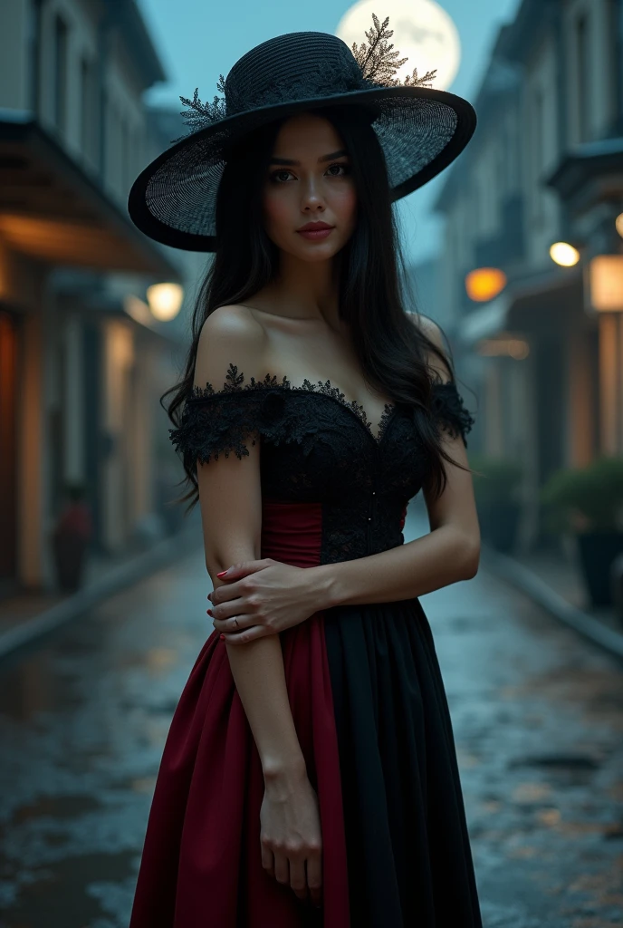Create an image of a very beautiful woman, very white, straight dark hair, with a long black and dark red bridesmaid dress, with a wry smile, a lady&#39;s hat with lace, a hand on the waist and in the background a deserted street at night with a full moon