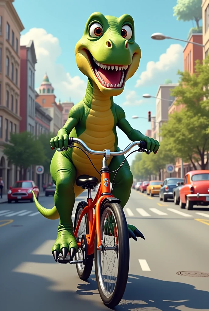 Smiling dinosaur riding a bike in the 2000s