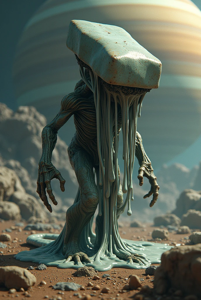 alien with tentacles, square head, sticky body, saturn background