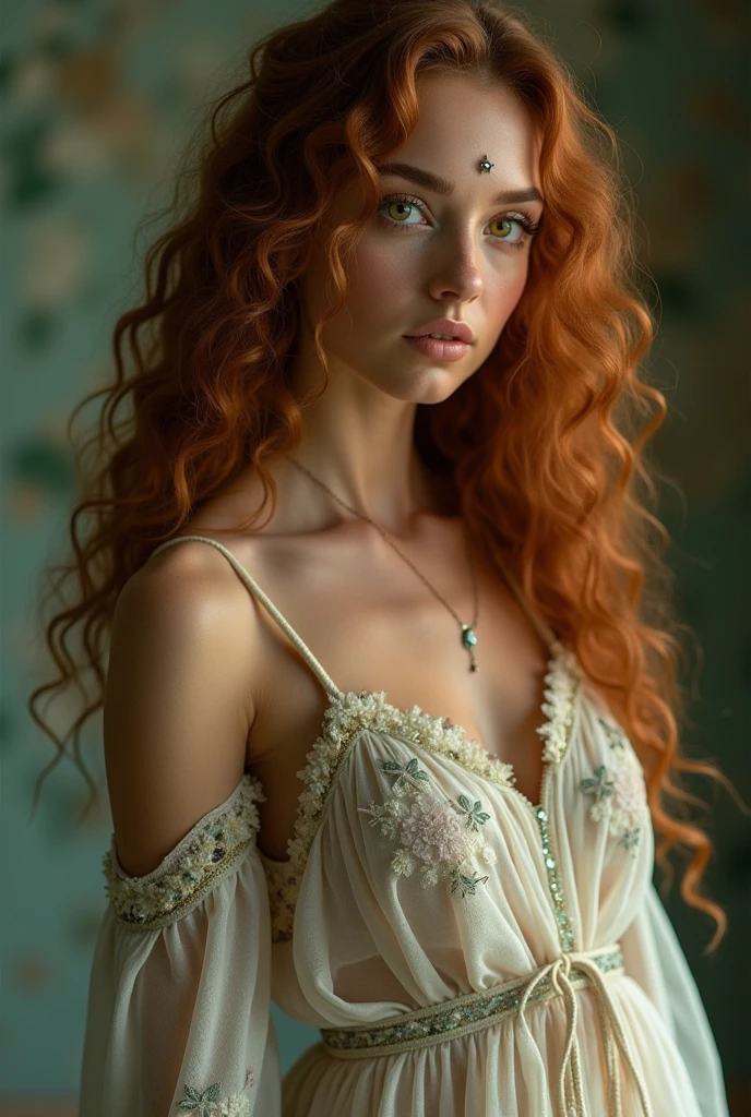 Woman with long curly hair , copper colored skin, greenish honey colored eyes,  long dress with floral print covering the shoulders, Body viola and modest