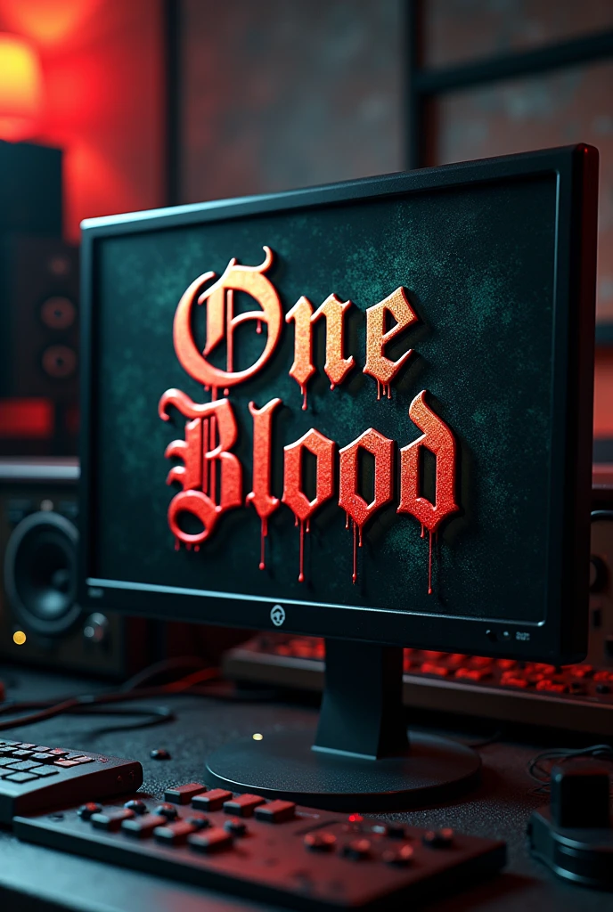 Cover with gothic letters with the prayer "the one blood" with drops of blood on a monitor in a professional music recording studio
