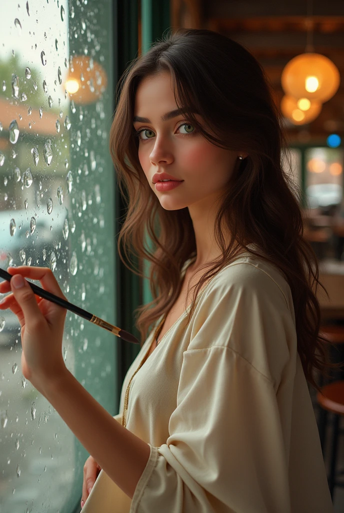 A 2 beautiful girl with green eyes and brown hairs and in a casual modern pakistani look painting
water droplets on a cafe's glass wall