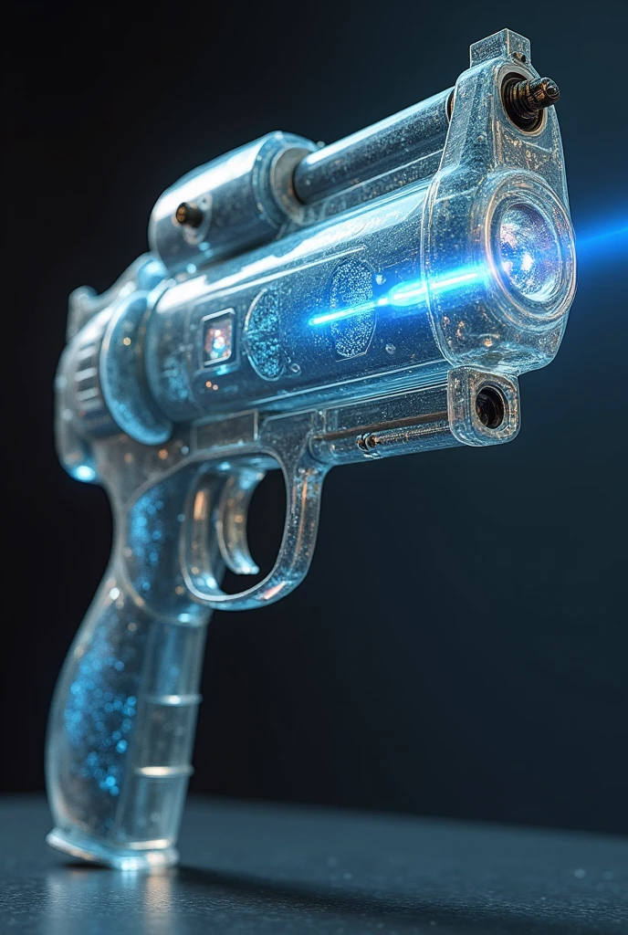 Create a weapon based on the weapon from the game Portal; but mixed with futuristic weapon concepts, made with aerogel and consisting of holographic colors, a digital trigger system and a thermal sight for sights.
