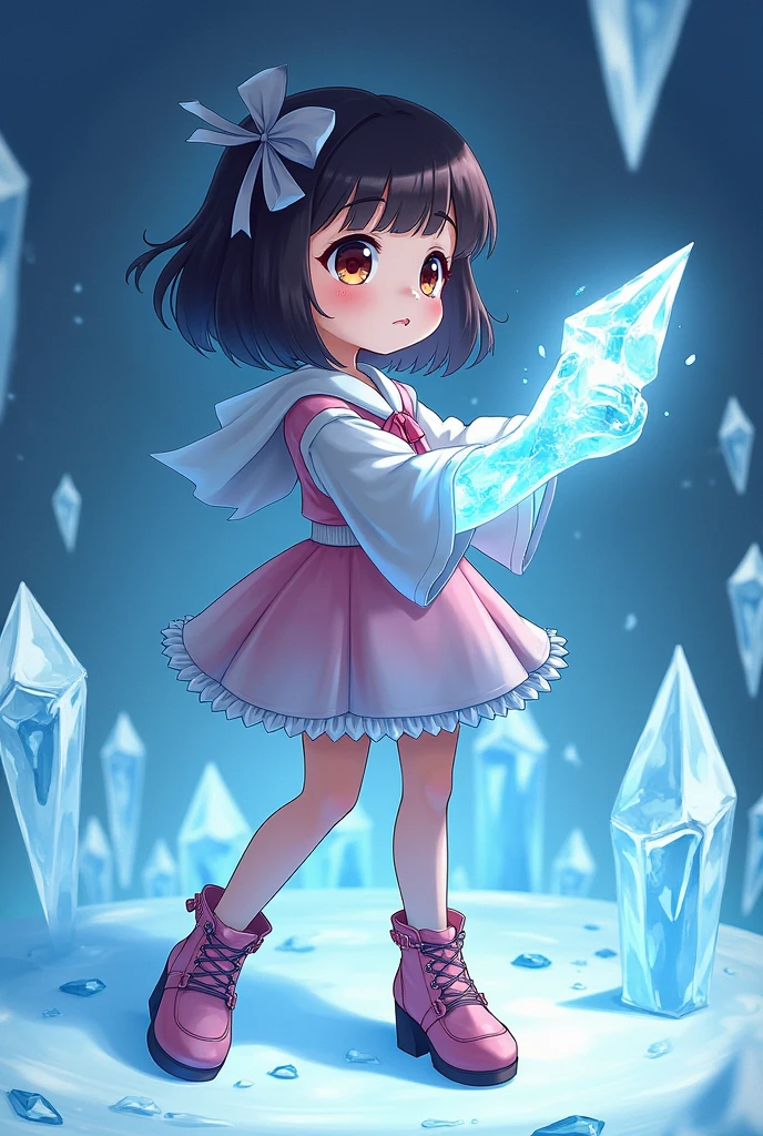A 1 girl with one of her arms frozen with ice wearing clothes and shoes in anime style