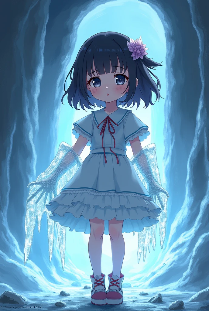A 1 girl with one of her arms frozen with ice wearing clothes and shoes in anime style