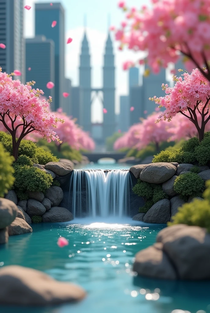 Miniature landscape scene a Kuala Lumpur city centre, Sakura flower, waterfall, water flow out the building, bleeding the interior, outdoor scene