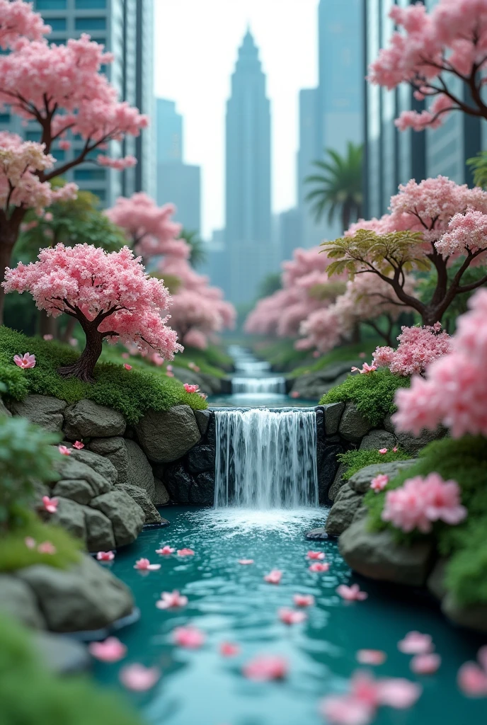 Miniature landscape scene a Kuala Lumpur city centre, Sakura flower, waterfall, water flow out the building, bleeding the interior, outdoor scene