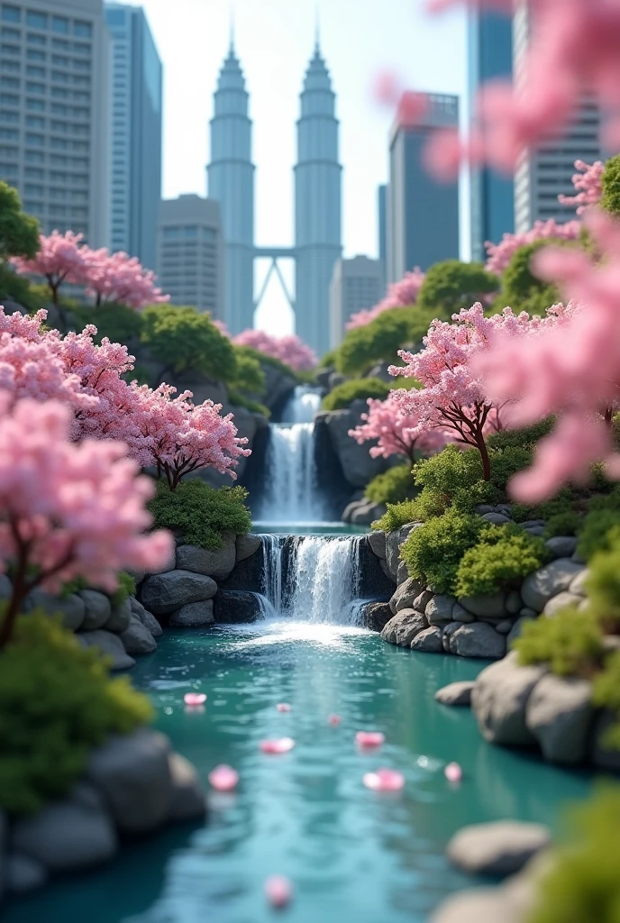 Miniature landscape scene a Kuala Lumpur city centre, Sakura flower, waterfall, water flow out the building, bleeding the interior, outdoor scene